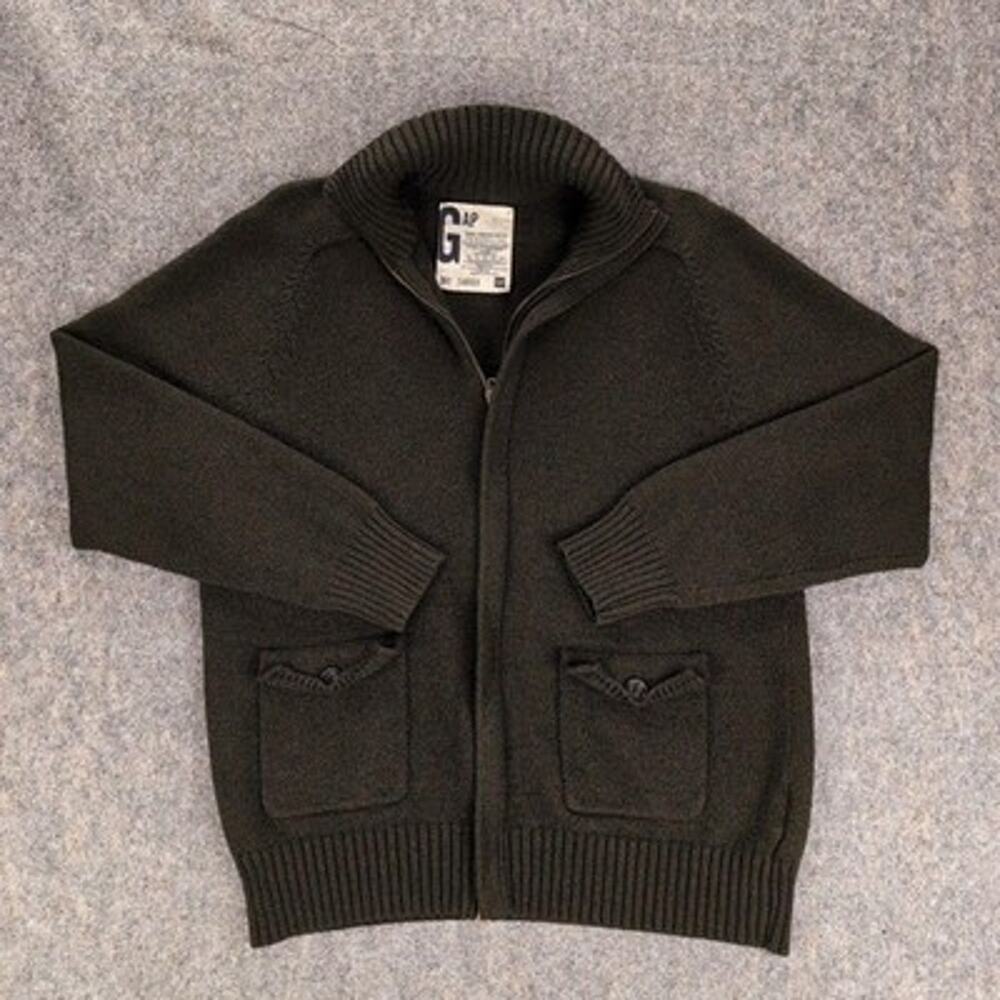 Gap Sweater Mens Large Green Full Zip Mock Neck Wool Blend Knit Pockets